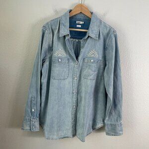 Faherty Womens XL Indigo Dyed Denim Shirt Embroidered Western Long Sleeve Top